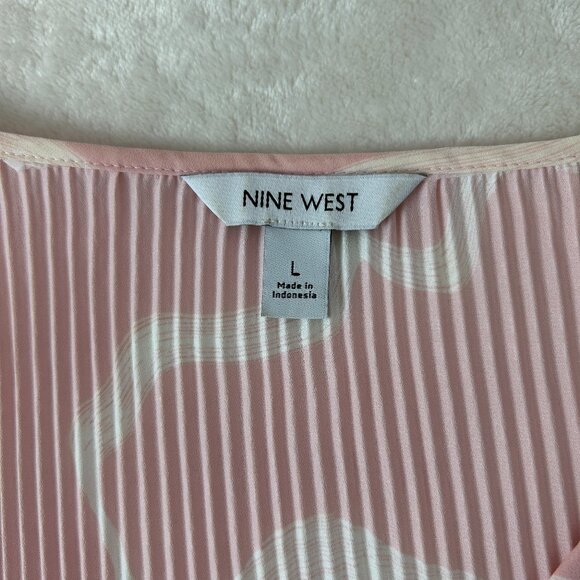 Nine West Pink & White Pleated  V-Neck Long Sleeve Top Blouse Size L Summer Top - Picture 5 of 12